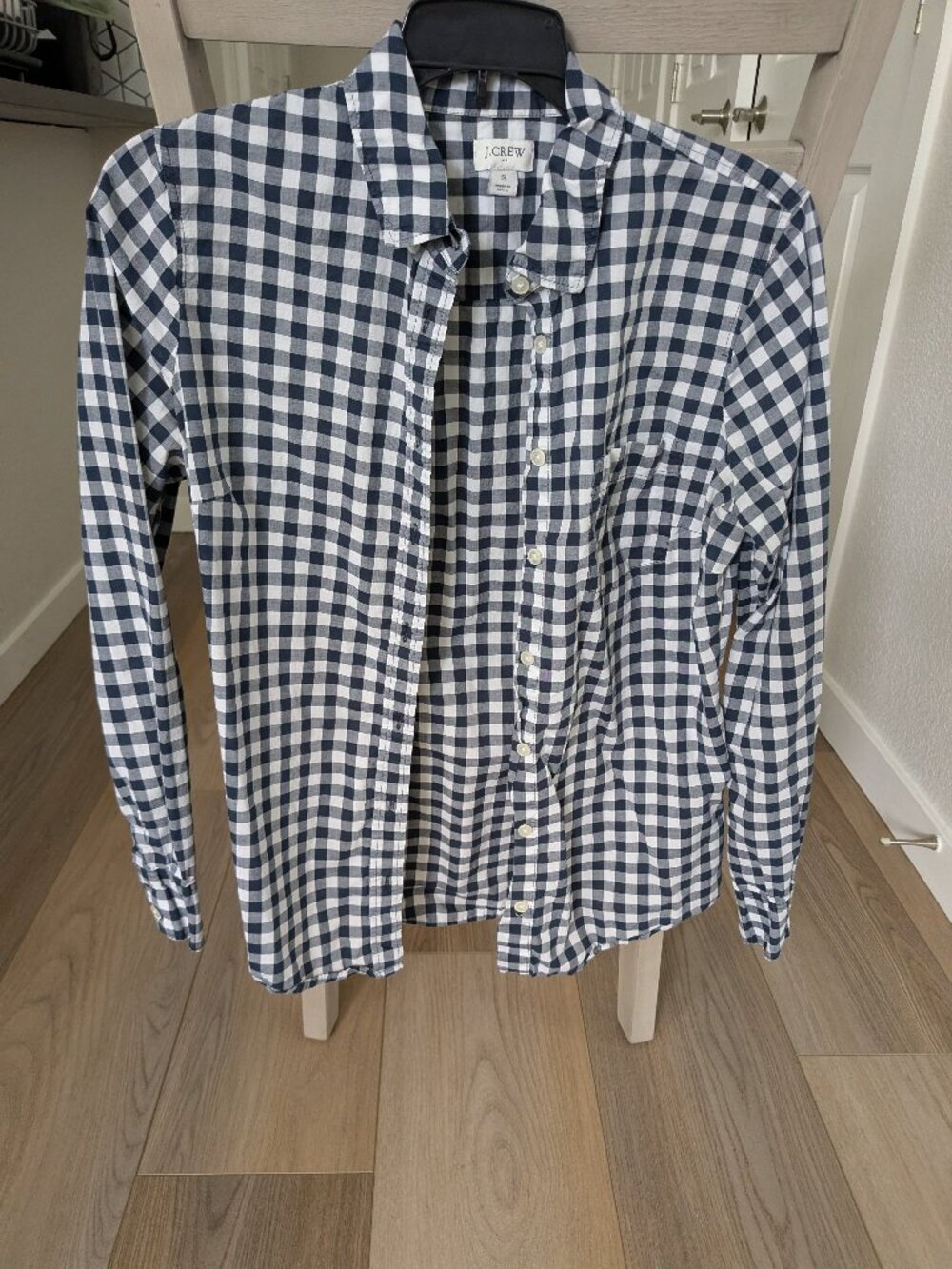 Women's Navy Blue and White Checkered J. Crew Button Up Dress Shirt